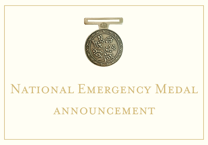 A picture of the National Emergency Medal with the text 'National Emergency Medal announcement'