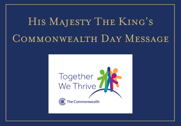 Text on a blue background reads 'His Majesty The King's Commonwealth Day message'